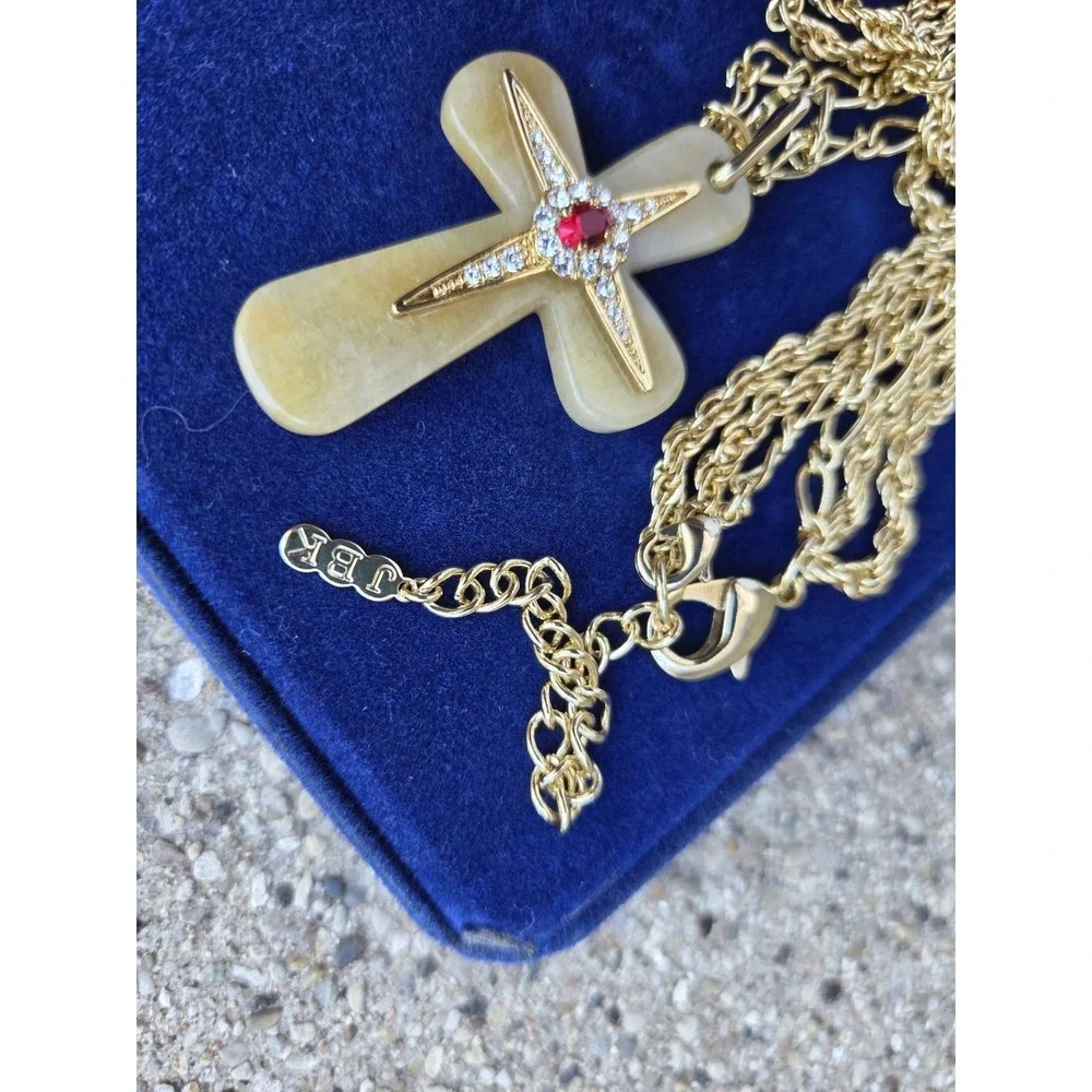 Jackie Kennedy Camrose Kross 3 Strand Gold Red Jewel Cross Pendant. Orig Box COA
